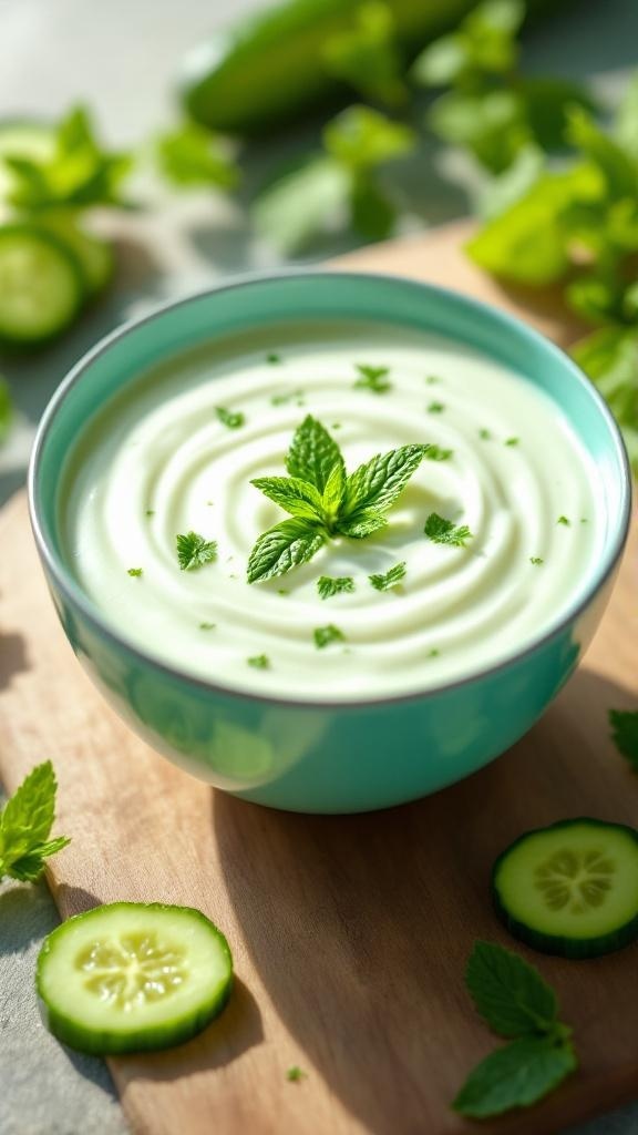A bowl of chilled yogurt cucumber soup garnished with mint leaves, set in a sunny outdoor setting.